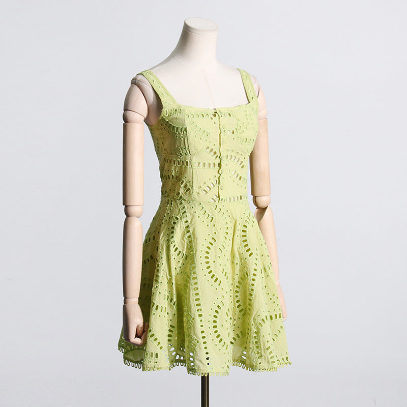 Embroidered Lace Summer Sweet Fresh Solid Color Strap Hollow Out Cutou
