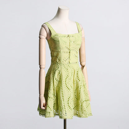 Embroidered Lace Summer Sweet Fresh Solid Color Strap Hollow Out Cutou