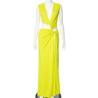 Sexy Maxi Dress Women Summer Solid Color Sexy Deep V Plunge Hollow Out