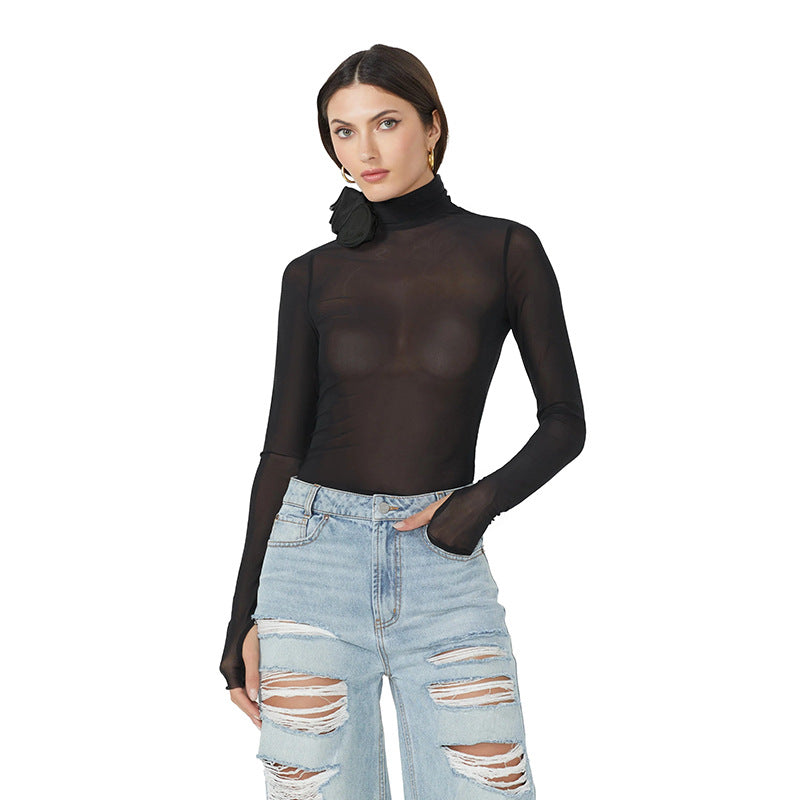 Women Clothing Sexy Turtleneck Long Sleeve Decoration SlimFit Jumpsuit