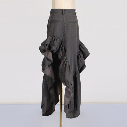 skirt high waist Ruffles Distressed Design Pleated Skirt for Women