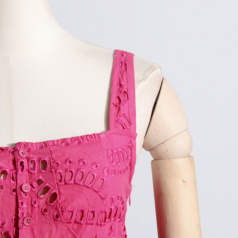 Embroidered Lace Summer Sweet Fresh Solid Color Strap Hollow Out Cutou