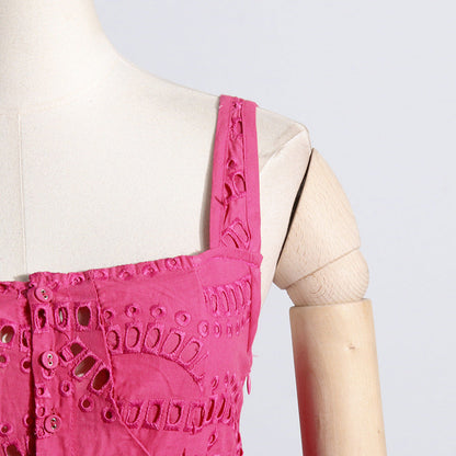 Embroidered Lace Summer Sweet Fresh Solid Color Strap Hollow Out Cutou