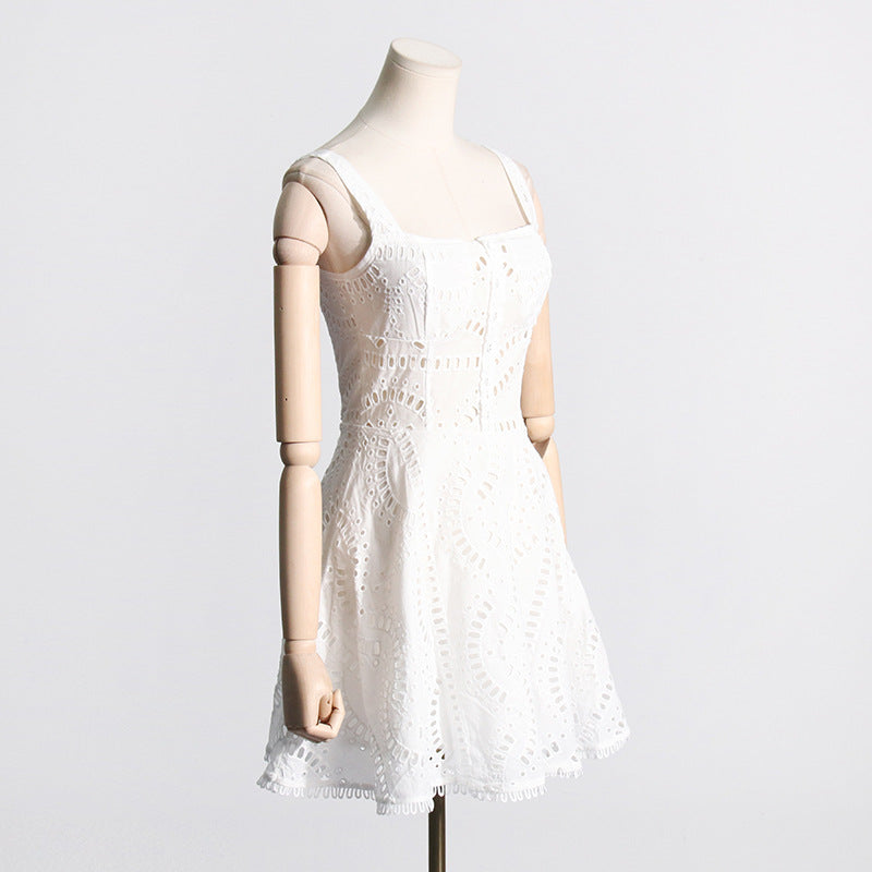 Embroidered Lace Summer Sweet Fresh Solid Color Strap Hollow Out Cutou