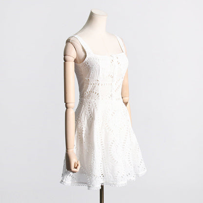 Embroidered Lace Summer Sweet Fresh Solid Color Strap Hollow Out Cutou