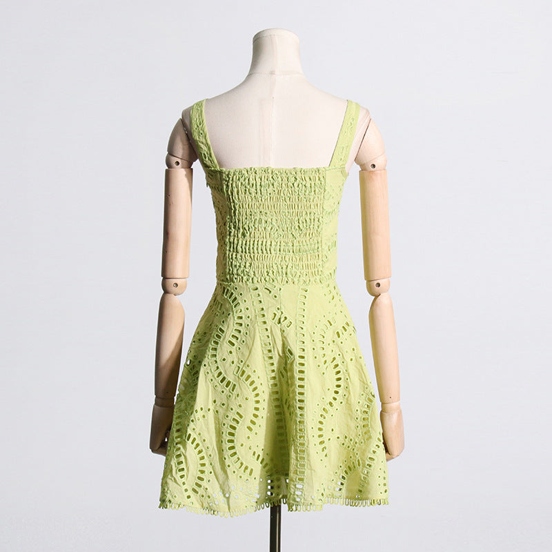 Embroidered Lace Summer Sweet Fresh Solid Color Strap Hollow Out Cutou