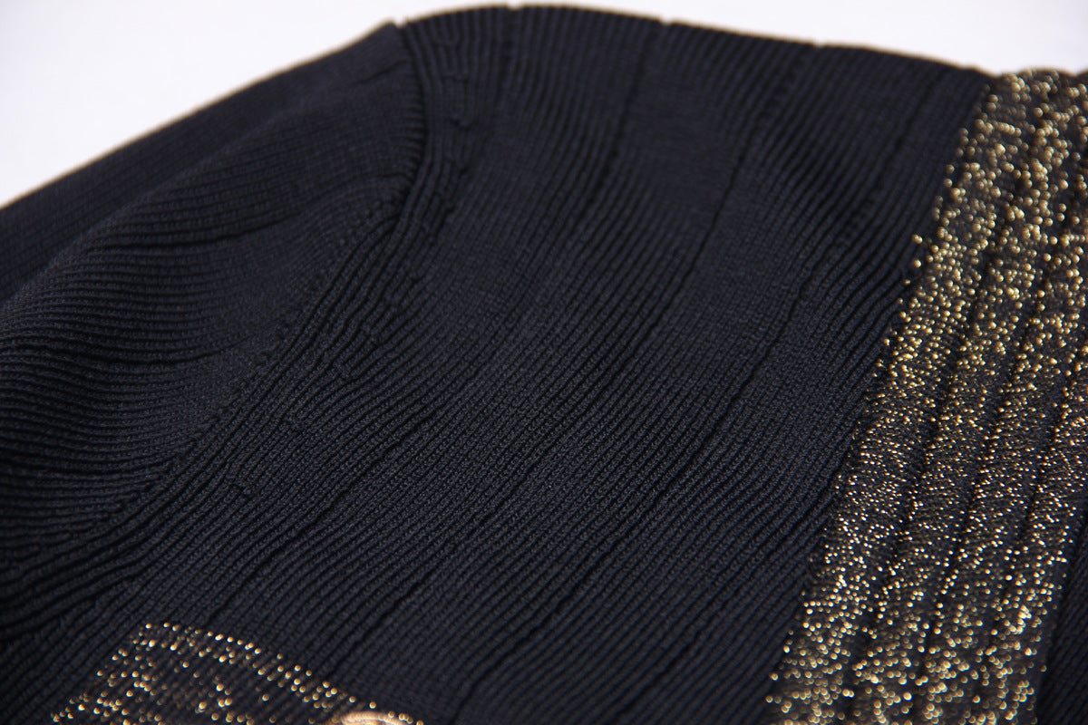 Spring Autumn Women Clothing Gold Silk Stitching High Quality Long Sleeve Waist Trimming Knitted Dress