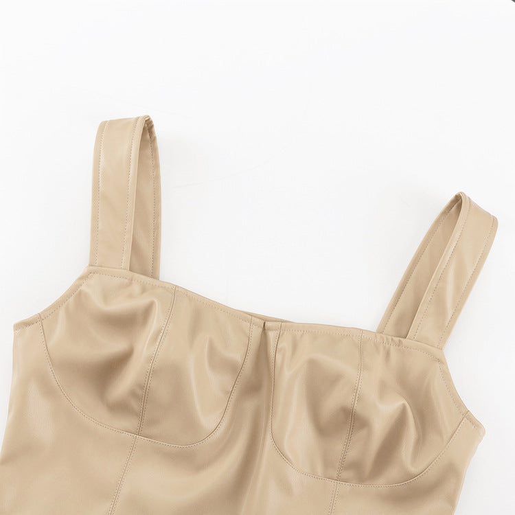 Leather Top Outdoor wear Design Solid Color Faux Strap Tube Street Out