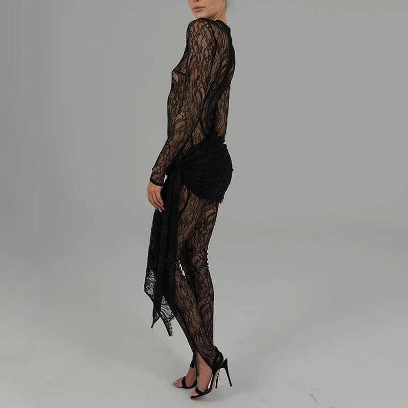 Lace Fall Sexy Hollow Out Cutout Sheer Long Sleeve Slim Fit Patchwork.