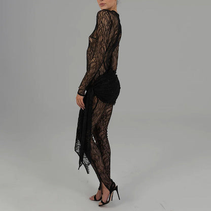 Lace Fall Sexy Hollow Out Cutout Sheer Long Sleeve Slim Fit Patchwork.