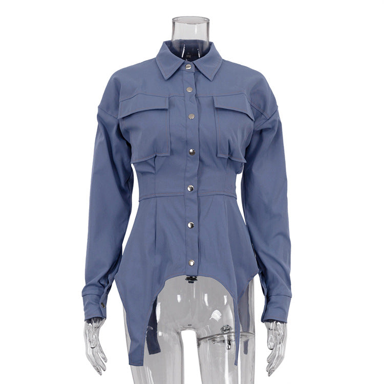Autumn Shirt Women Design Irregular Asymmetric Collared Long Sleeves Outer Match Shirt