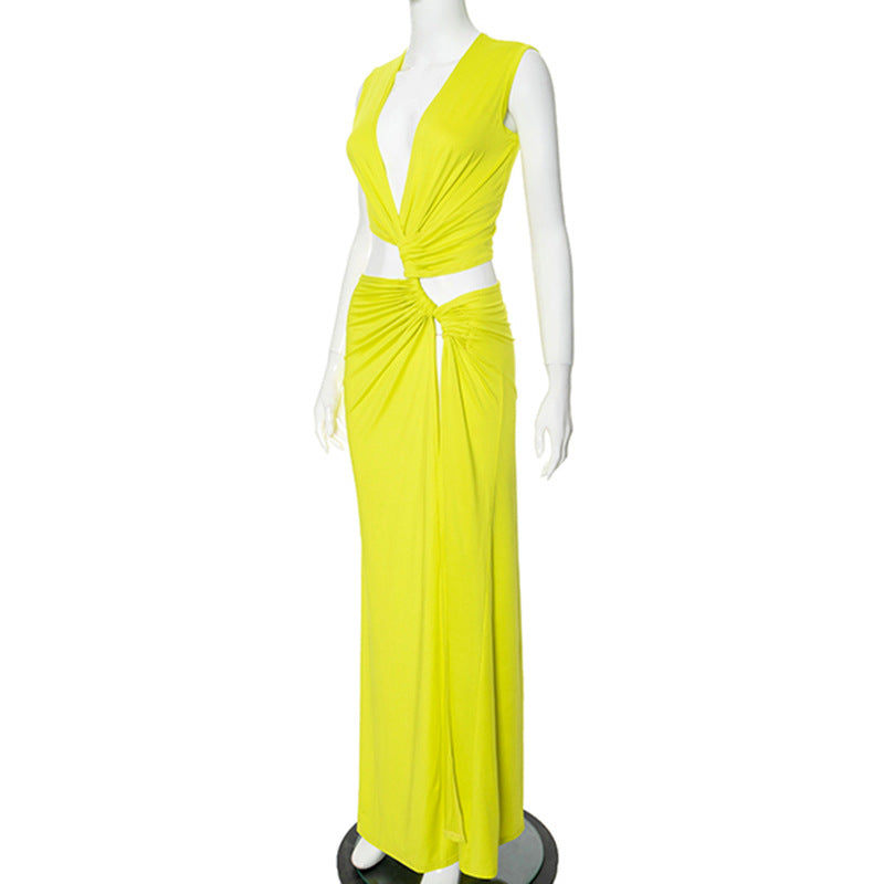 Sexy Maxi Dress Women Summer Solid Color Sexy Deep V Plunge Hollow Out