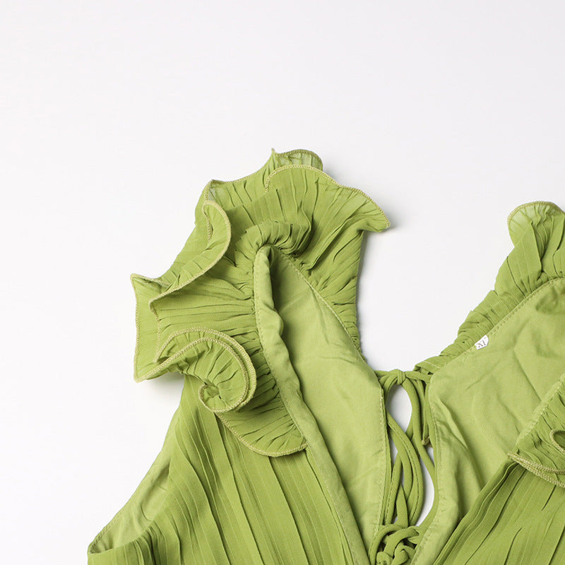 Women Dress French Cocktail Dress Summer V Neck Pleated Ruffled A Line