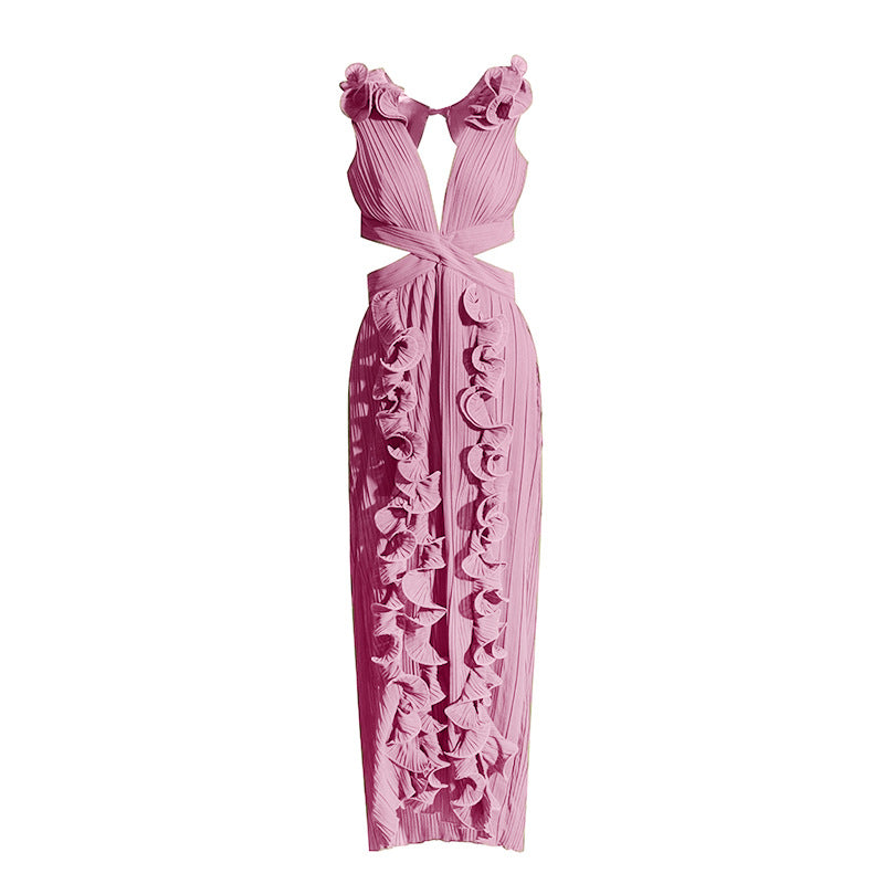 Women Dress French Cocktail Dress Summer V Neck Pleated Ruffled A Line