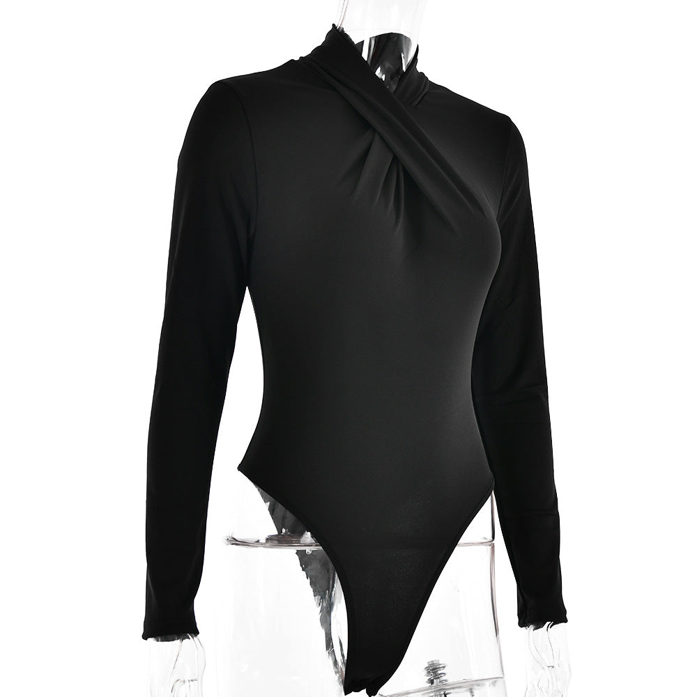 Sexy Jumpsuit Cross Neckline Slim Fit Long Sleeve Stitching Jumpsuit