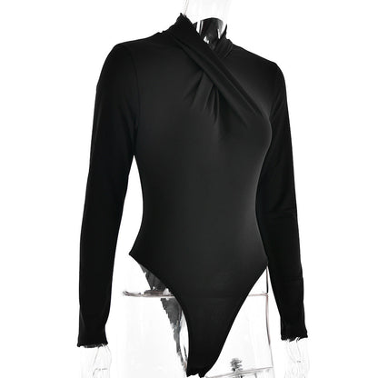 Sexy Jumpsuit Cross Neckline Slim Fit Long Sleeve Stitching Jumpsuit