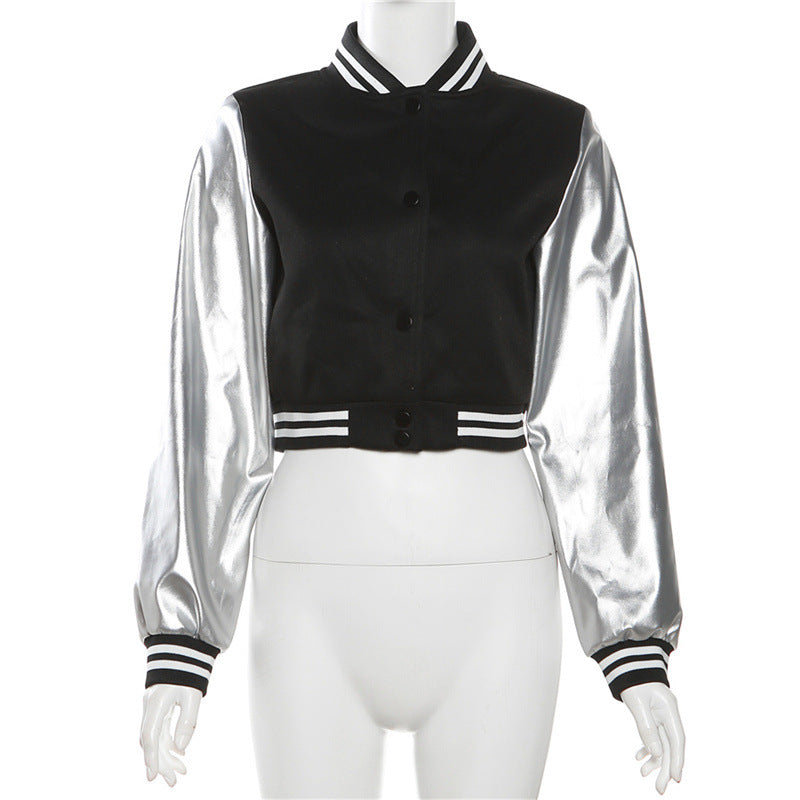 Coated Fabric jacket Women Clothing Embroidery Stitching Metallic hood