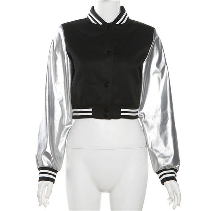 Coated Fabric jacket Women Clothing Embroidery Stitching Metallic hood