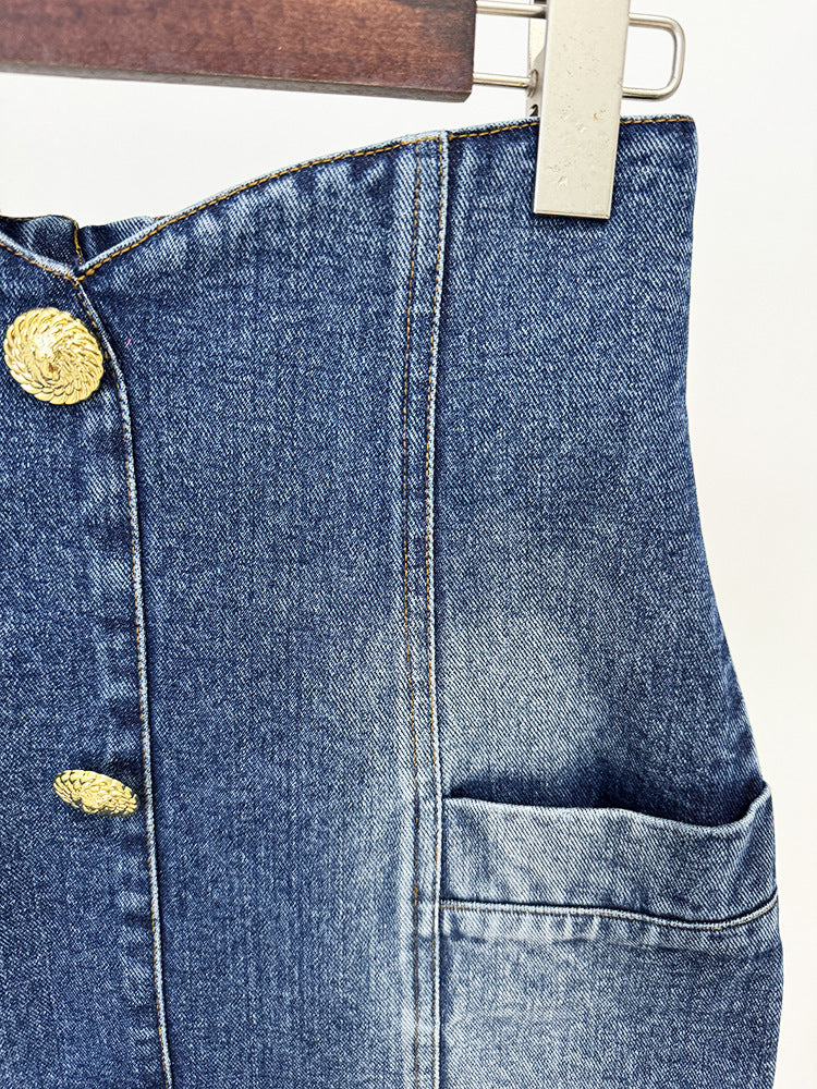 Blazer Skirt Sets Socialite Slim Double Breasted Washed Denim Blazer