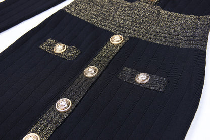 Spring Autumn Women Clothing Gold Silk Stitching High Quality Long Sleeve Waist Trimming Knitted Dress