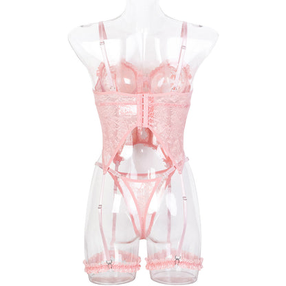 See through Sexy Lingerie Set Pink Lace Pleated Lace Hollow Out Cutout