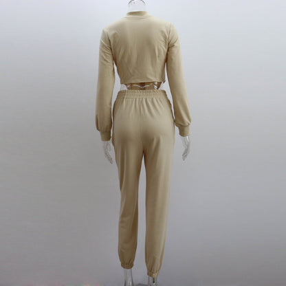 Fall Winter Casual Sweatshirt Outfit round Neck Zipper Top Sexy Cutout Loose Sweatpants