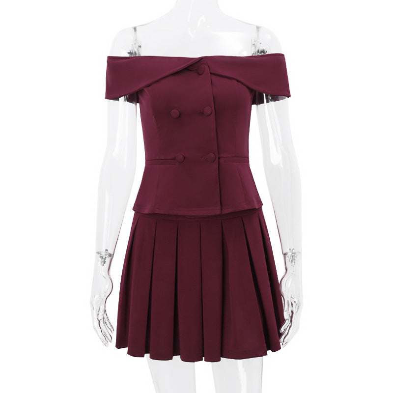 Spring Shoulder Top Pleated Skirt Set