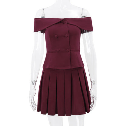 Spring Shoulder Top Pleated Skirt Set