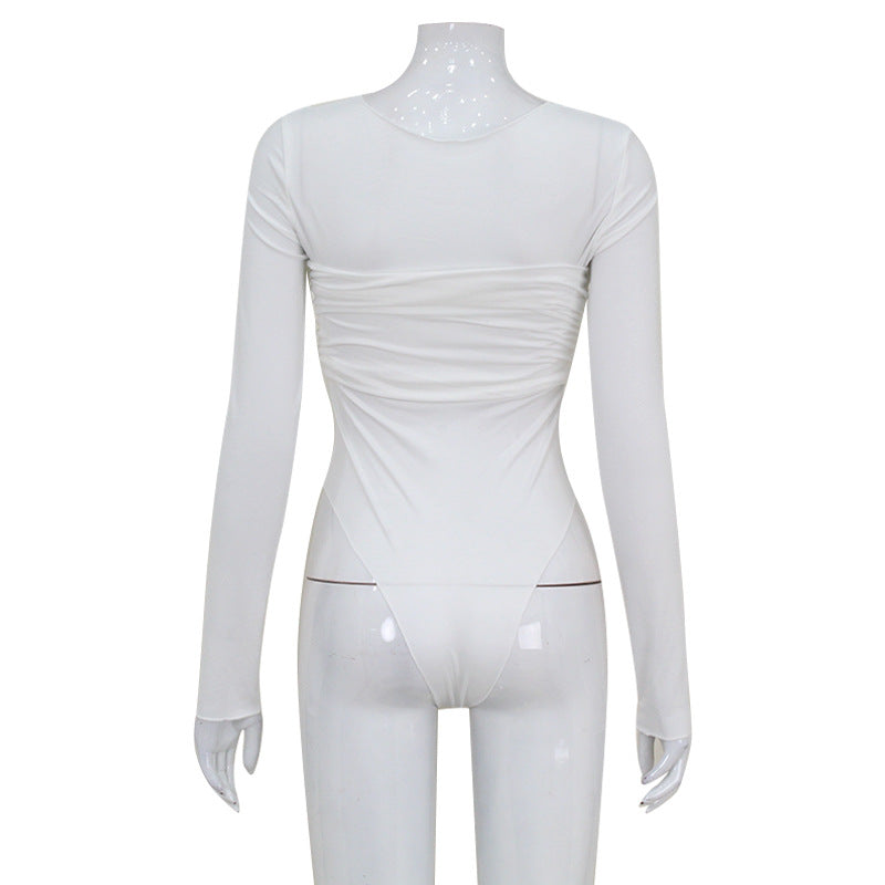 Pleated Jumpsuit Women Clothing round Neck Long Sleeve Twisted Pleated