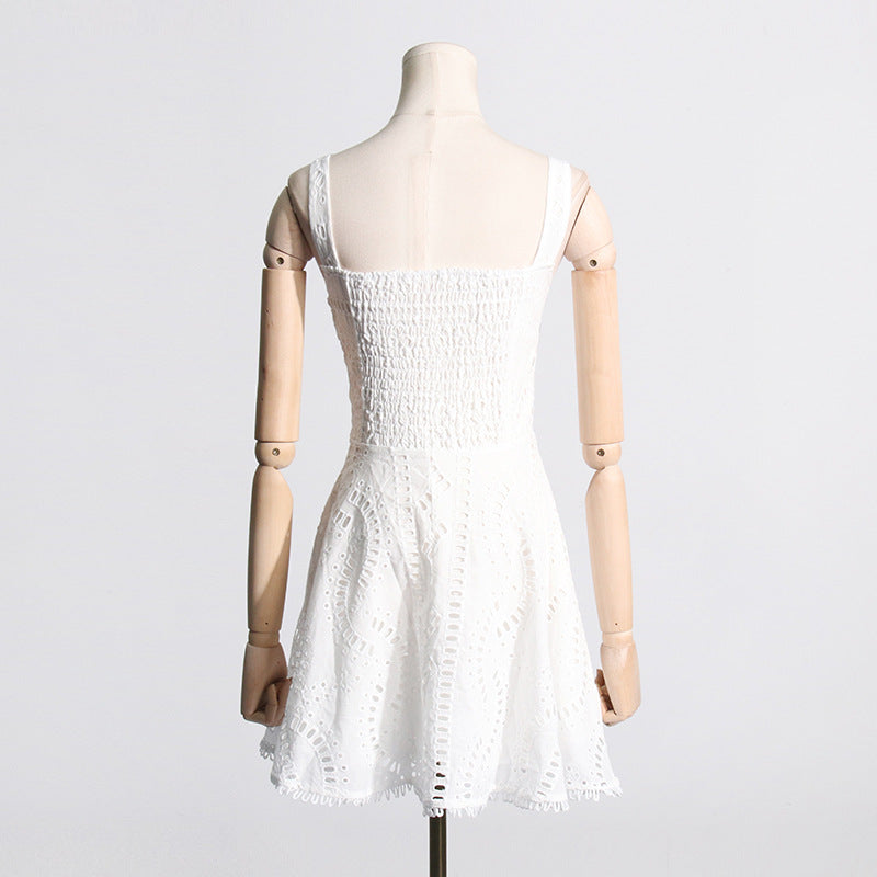 Embroidered Lace Summer Sweet Fresh Solid Color Strap Hollow Out Cutou