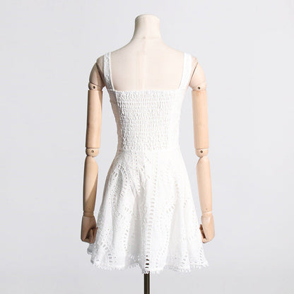 Embroidered Lace Summer Sweet Fresh Solid Color Strap Hollow Out Cutou