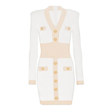Spring Autumn Women Clothing Gold Silk Stitching High Quality Long Sleeve Waist Trimming Knitted Dress