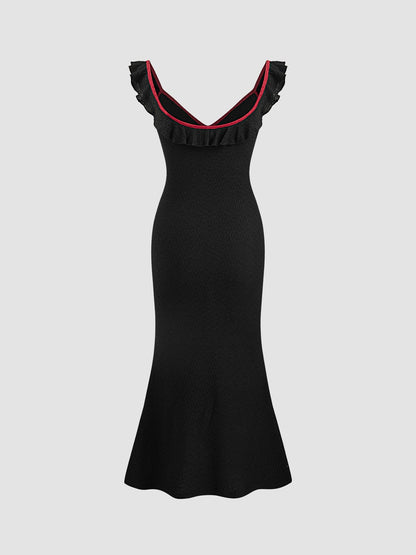 Women Clothing Women Knit Dress Ruffle Tied Solid Color Fishtail Dress