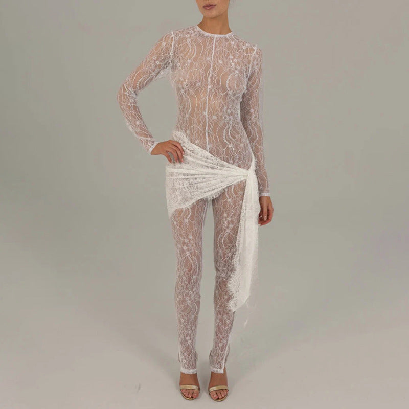 Lace Fall Sexy Hollow Out Cutout Sheer Long Sleeve Slim Fit Patchwork.