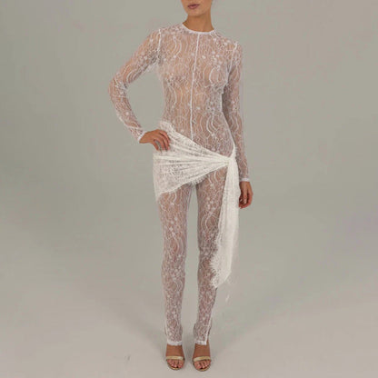 Lace Fall Sexy Hollow Out Cutout Sheer Long Sleeve Slim Fit Patchwork.