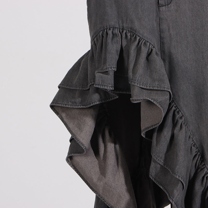 skirt high waist Ruffles Distressed Design Pleated Skirt for Women