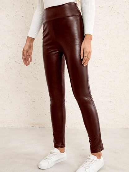 Women Clothing High Waist High Elastic Slim Faux Leather Trousers Motorcycle Tight Leather Pants