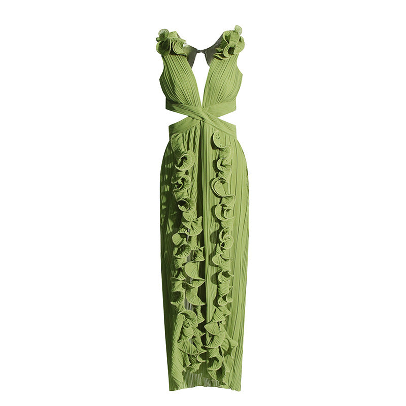 Women Dress French Cocktail Dress Summer V Neck Pleated Ruffled A Line