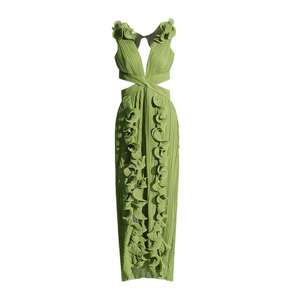 Women Dress French Cocktail Dress Summer V Neck Pleated Ruffled A Line
