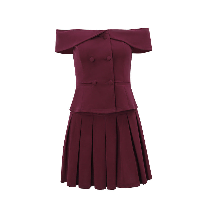 Spring Shoulder Top Pleated Skirt Set
