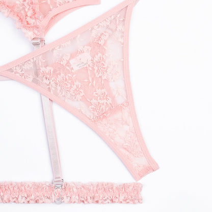 See through Sexy Lingerie Set Pink Lace Pleated Lace Hollow Out Cutout