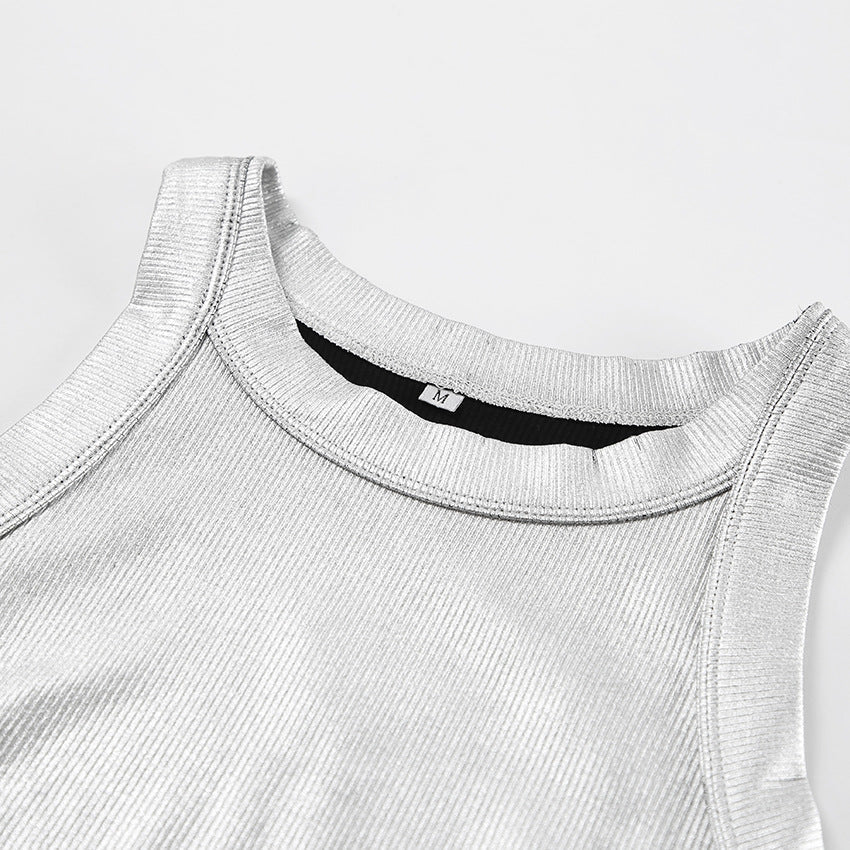 Fashionable Knitted Sunken Stripe Summer round Neck Camisole Vest Sexy Hollow