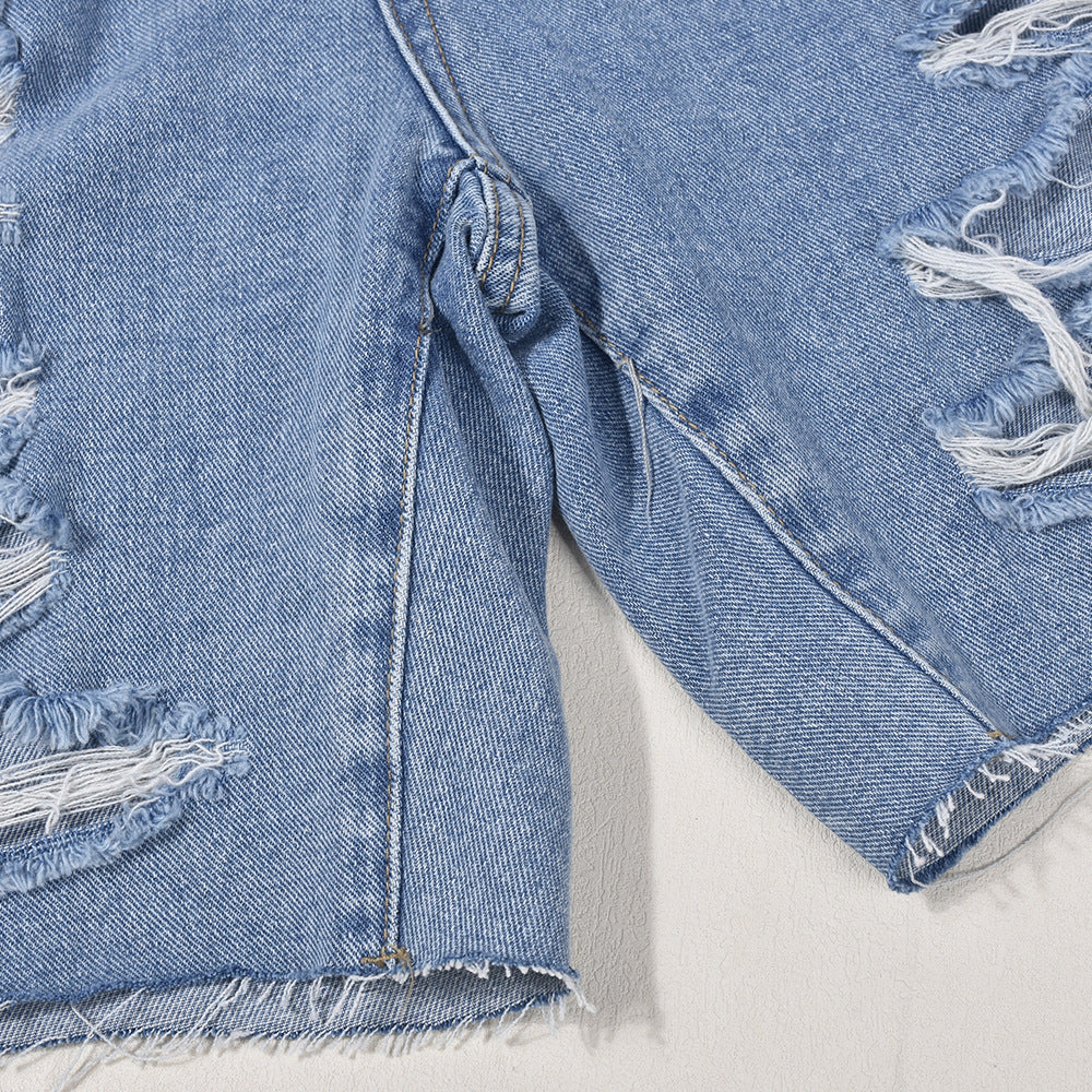 Women Clothing High Waist Ripped Washed Personalized Hole Tassel Short