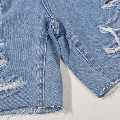 Women Clothing High Waist Ripped Washed Personalized Hole Tassel Short