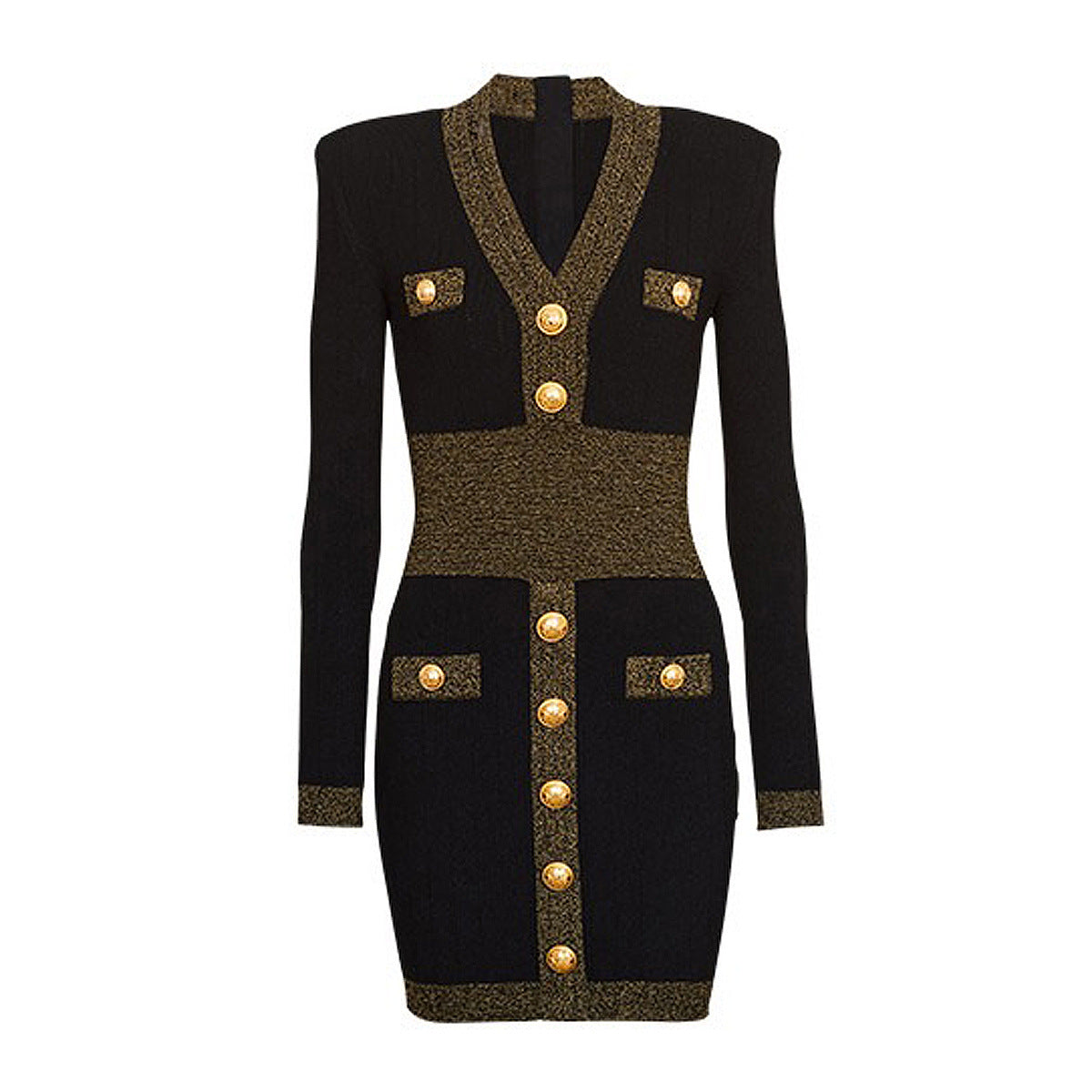 Spring Autumn Women Clothing Gold Silk Stitching High Quality Long Sleeve Waist Trimming Knitted Dress