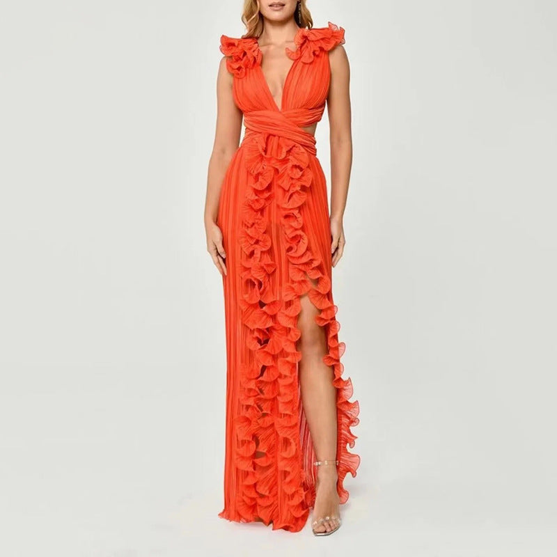 Women Dress French Cocktail Dress Summer V Neck Pleated Ruffled A Line
