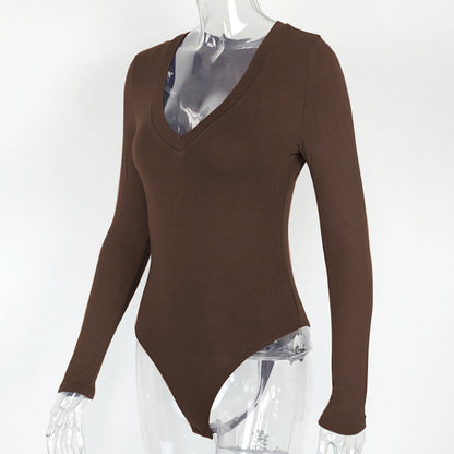 V-neck Bodysuit Autumn Winter Bottoming Shirt Tight Sexy Women