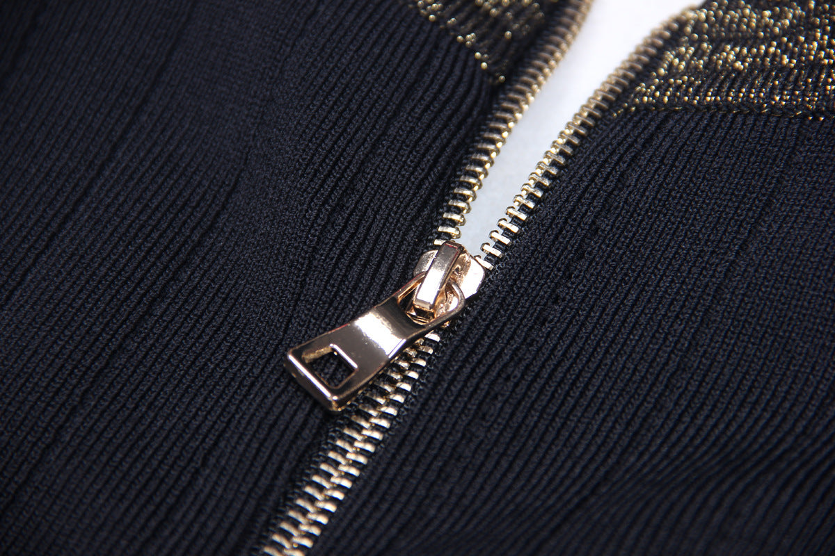 Spring Autumn Women Clothing Gold Silk Stitching High Quality Long Sleeve Waist Trimming Knitted Dress