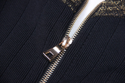 Spring Autumn Women Clothing Gold Silk Stitching High Quality Long Sleeve Waist Trimming Knitted Dress