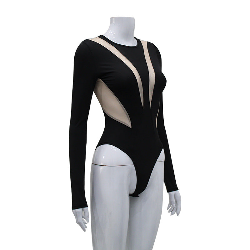 Woman round neck long sleeve color matching trendy autumn jumpsuit top